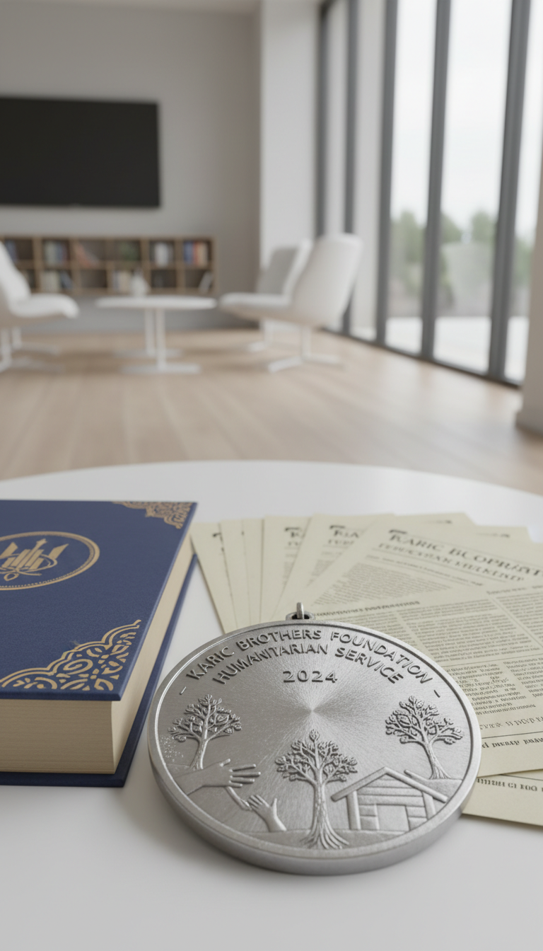 A highly detailed, artistic close-up of a foundation-branded humanitarian medal with a frosted, textured metal finish and intricately etched welfare-themed motifs. Displayed against a backdrop of layered archival foundation newsletters and a symbolic, open book with embossed blue-gold cover. The setting is a minimalist, modern reading lounge with natural, diffuse window light bringing a calm clarity to the textures and metallic surfaces. Balanced, rule-of-thirds framing highlights the medal, placing it in sharp relief while allowing soft background narrative elements. The mood is inspiring and distinguished, with a clean, modern photographic style reflecting the achievements and aspirations of the Karic Brothers Foundation.