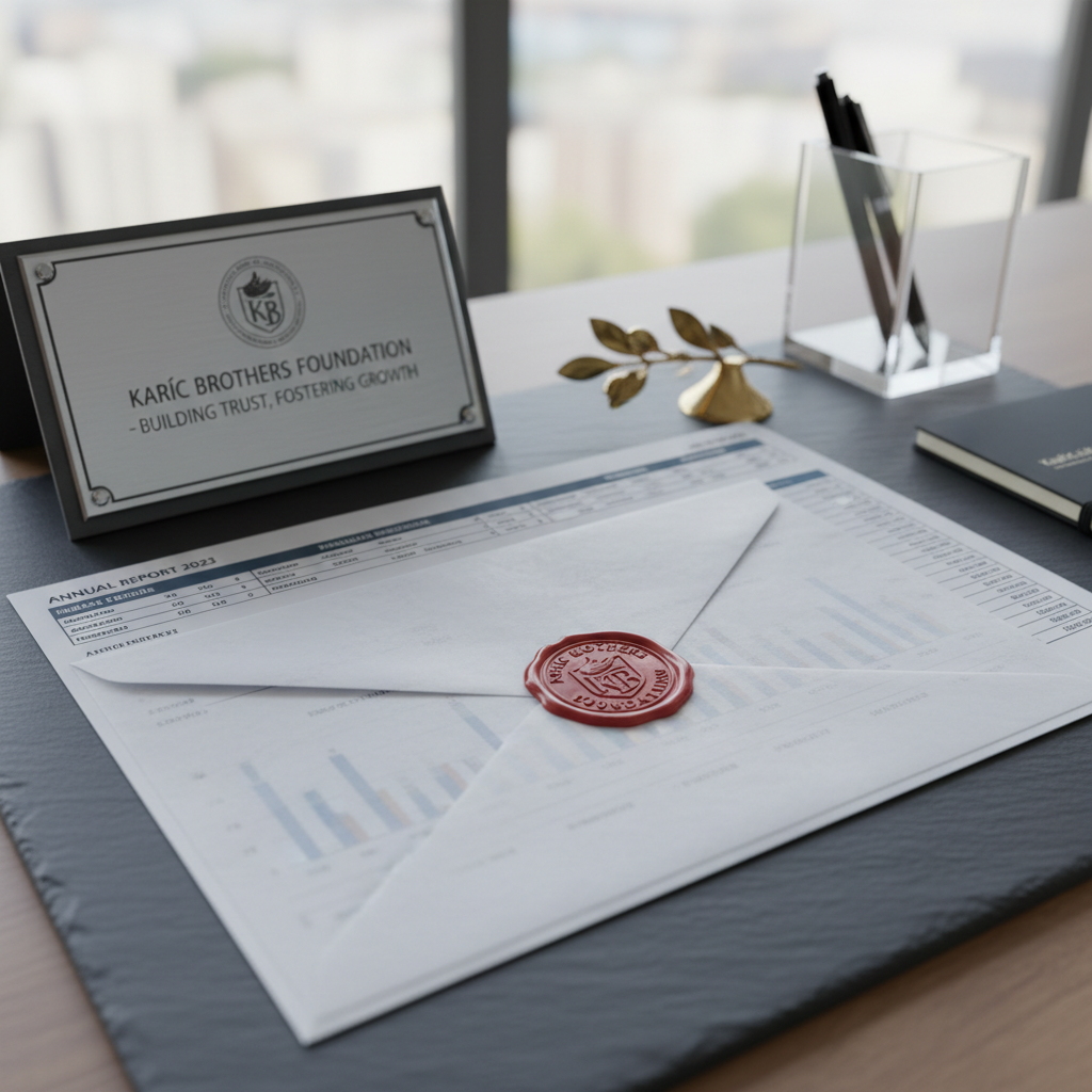 A realistic, high-resolution close-up of a sealed, translucent mail envelope stamped with the Karic Brothers Foundation insignia, resting among organized financial reports and a distinctive, brushed metal foundation plaque. The workspace context shows a smooth slate desk surface accessorized with a tasteful acrylic organizer and a symbolic olive branch. Illuminated by bright but indirect natural daylight, the composition uses a shallow depth of field, with crisp detail on the foundation motif and soft bokeh beyond. The mood is trustworthy and purposeful, using photographic realism and a minimalist, professional design to evoke commitment to transparency and philanthropic responsibility.