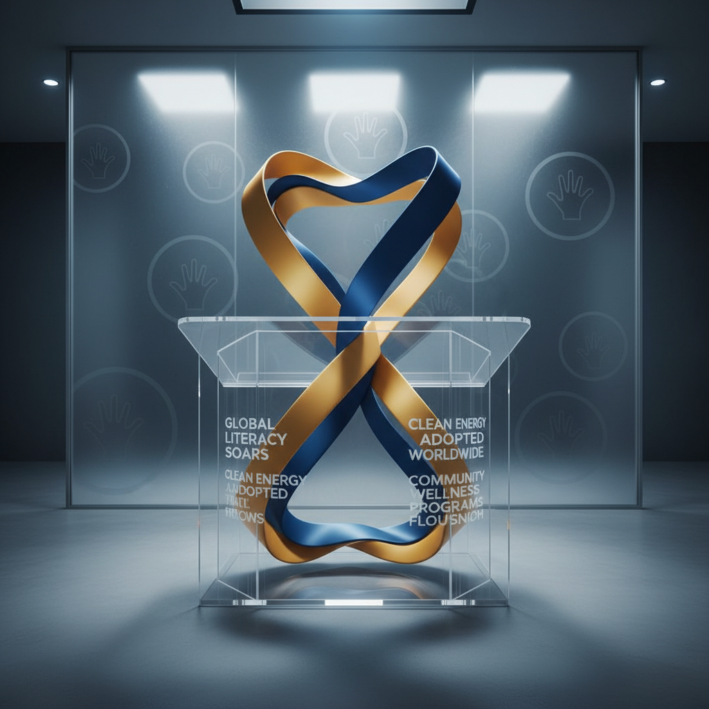 A striking, symbolic arrangement of intertwined ribbons in foundation-blue and gold, meticulously layered to form an abstract hourglass on a reflective acrylic news podium. The base features engraved headlines about successful social initiatives in clean, modern typography. Set in front of a frosted-glass panel wall with subtle foundation emblems, the scene is bathed in cool, balanced artificial lighting, creating luminous highlights and soft gradient shadows. From a low-angled, wide composition, the abstract forms take center stage, suggesting unity and progress. The visual aesthetic is contemporary and conceptual, fitting for impactful news coverage and thematic reporting.